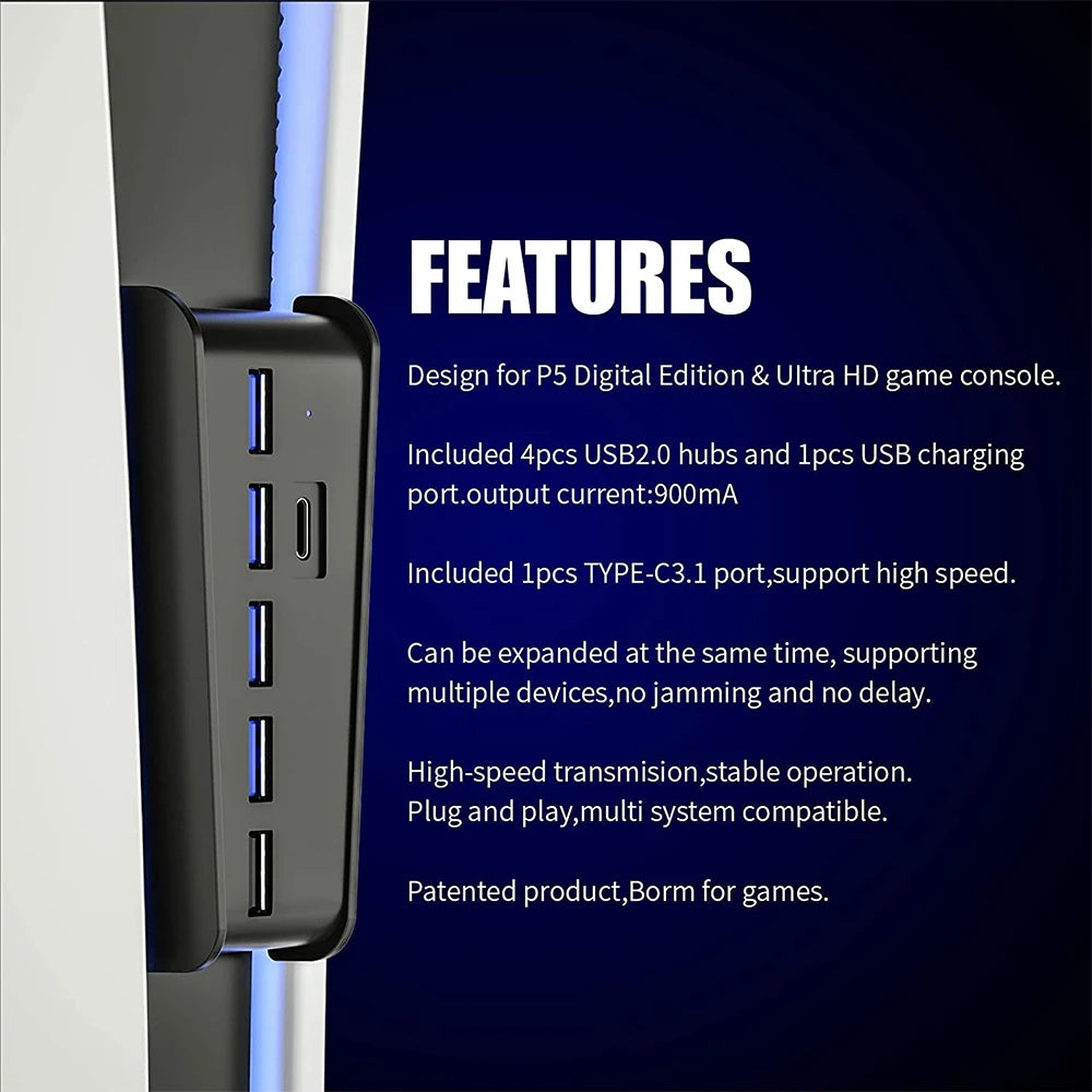 For PS5 6 in 1 USB Splitter Expander Hub 5 USB A + 1 type C Ports for PlayStation 5 Digital Edition Console Accessories