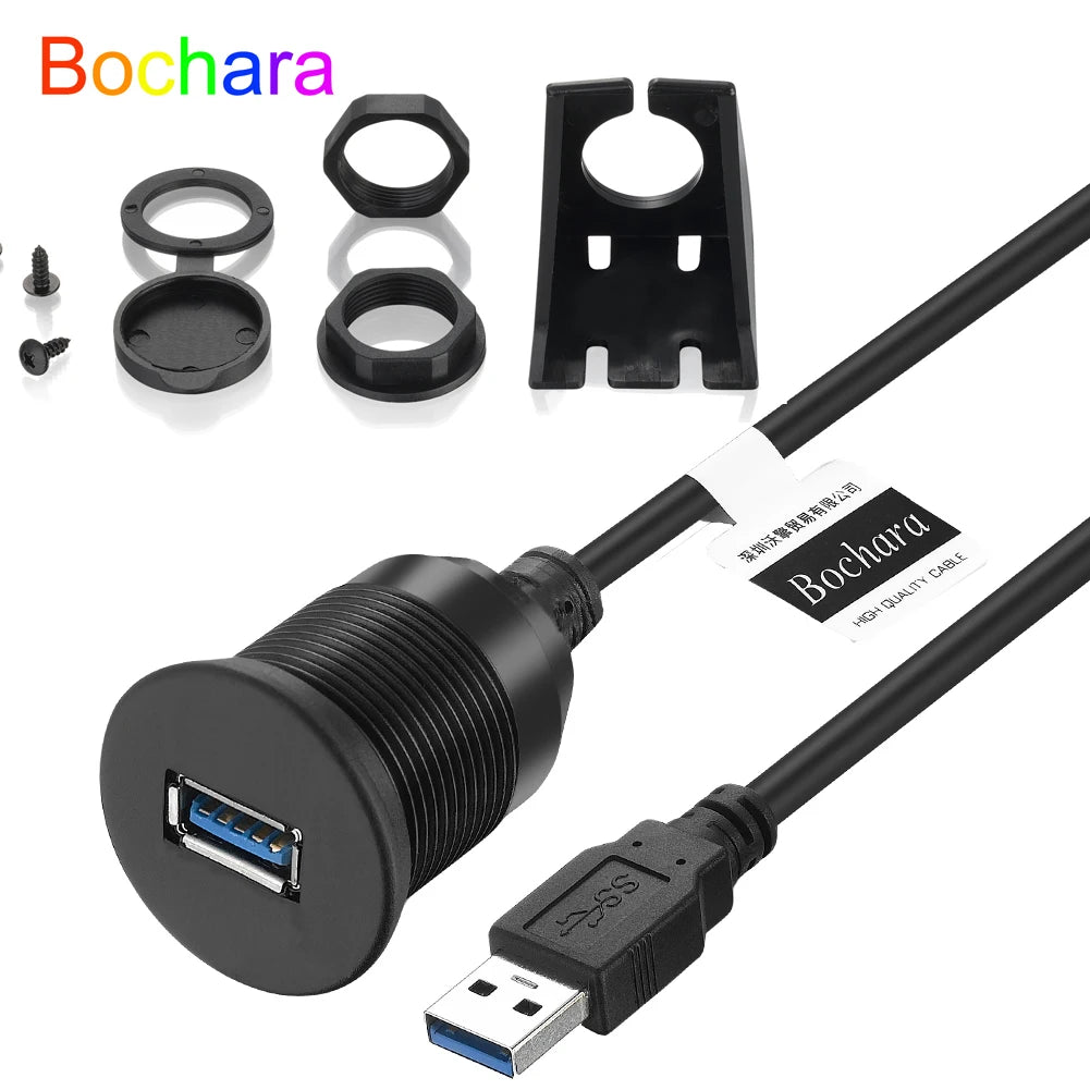 Bochara USB 3.0 USB 2.0 Male to Female Extension DashBoard Cable With Flush Mount Panel For Car Truck Boat Motorcycle 1m 2m