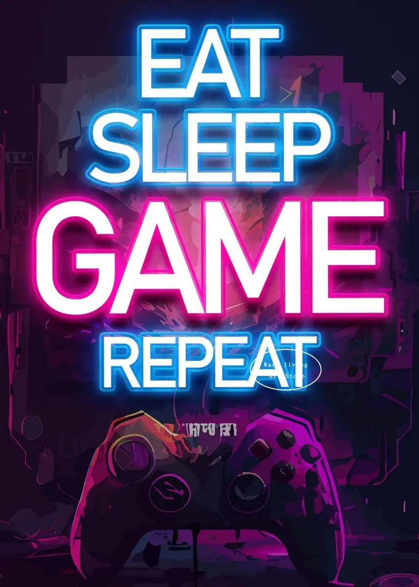 80s Retro Neon Game Quotes Poster Boy Gaming Controller Gamer Zone Room Eat Sleep Game Repeat Canvas Painting Home Decor Gift