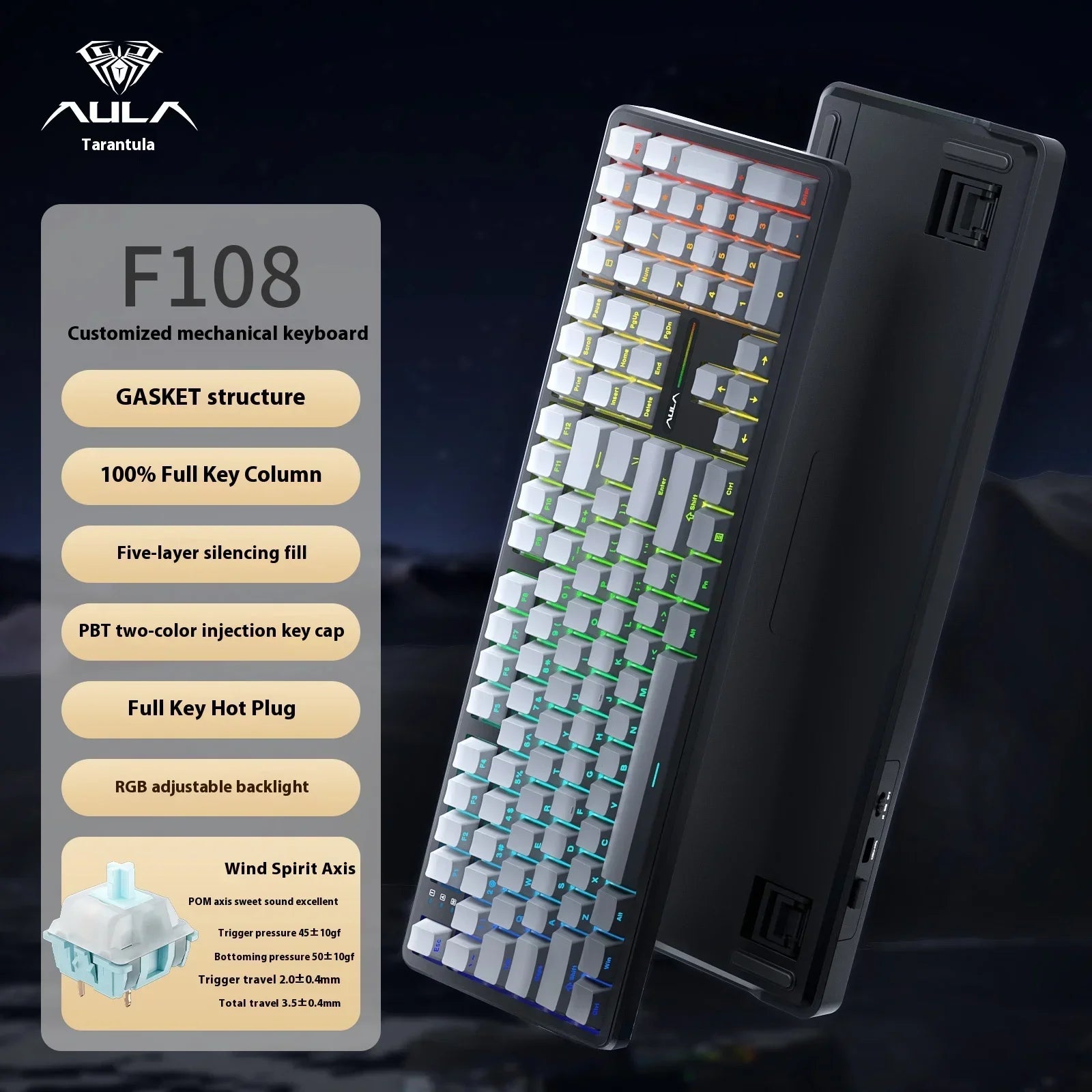 AULA F108/PRO Gaming Keyboard Mechanical RGB Hot Swappable Wireless 2.4G Polling Rate 100% Layout Hifi Switch Custom Accessories