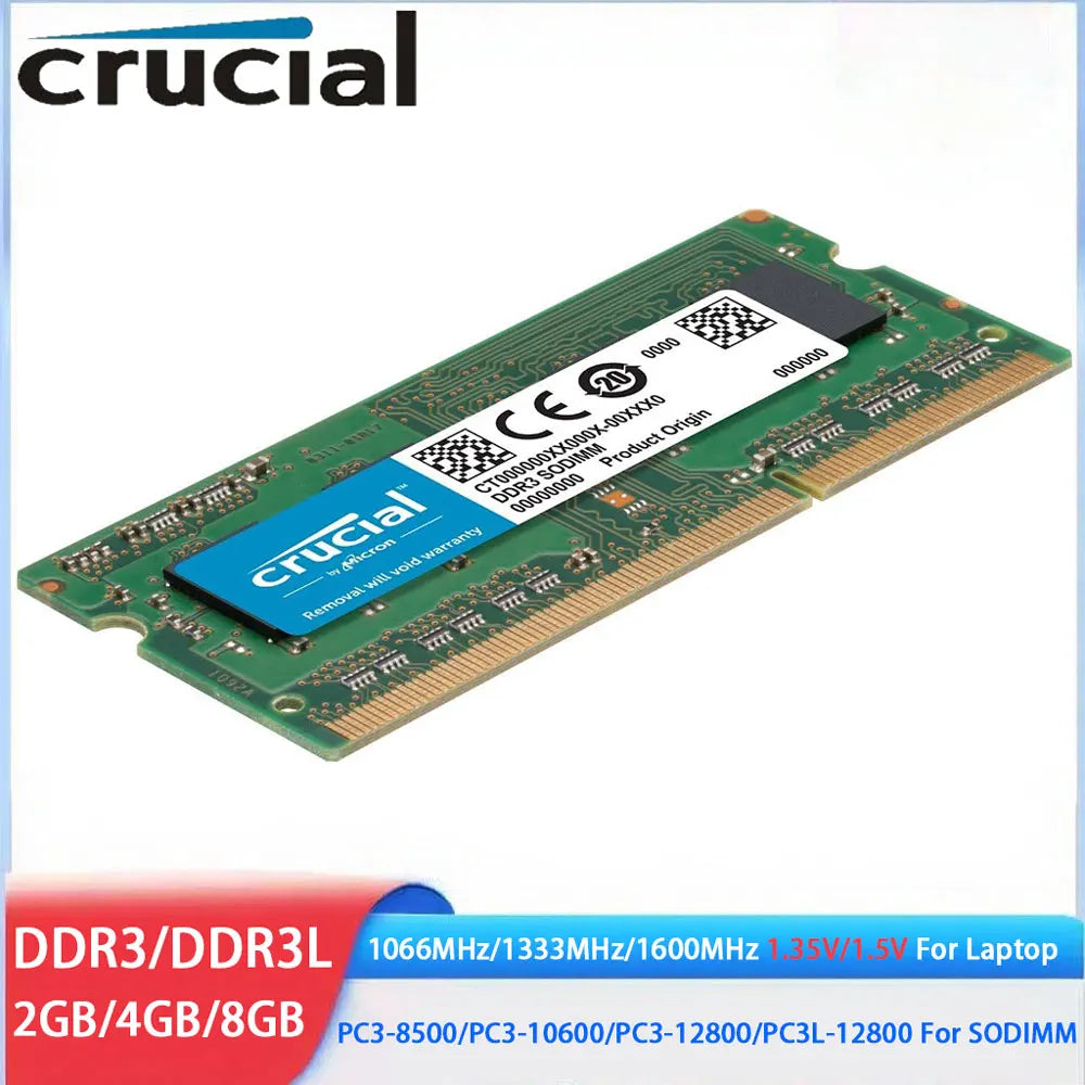 Crucial DDR3 DDR3L RAM 8GB 4GB 2GB 1066MHz 1333MHz 1600MHz PC3-12800 10600 204Pins 1.35V 1.5V Laptop SODIMM Memory For Notebook
