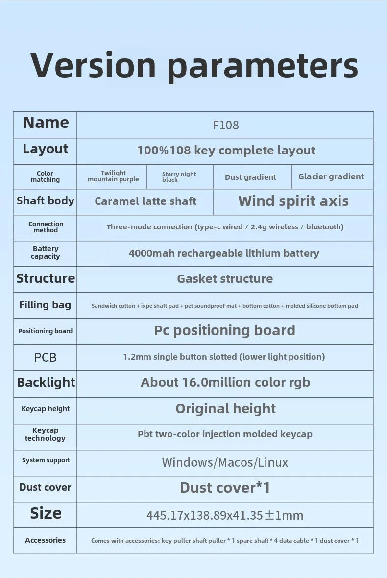 AULA F108/PRO Gaming Keyboard Mechanical RGB Hot Swappable Wireless 2.4G Polling Rate 100% Layout Hifi Switch Custom Accessories