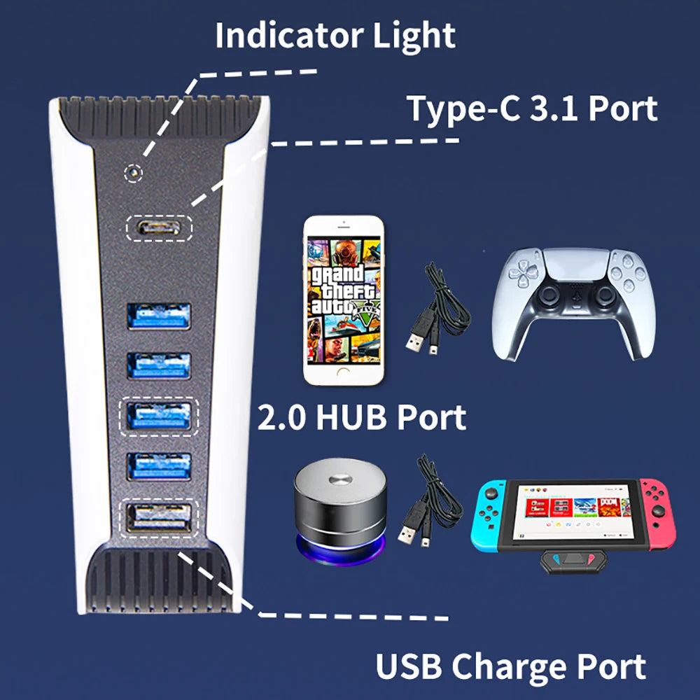 for PS 5 PS5 Console USB Hub 1 to 5 USB2.0 Splitter Expander HUB Adapter 5 Ports for Play Station PS5 Game Host Accessories
