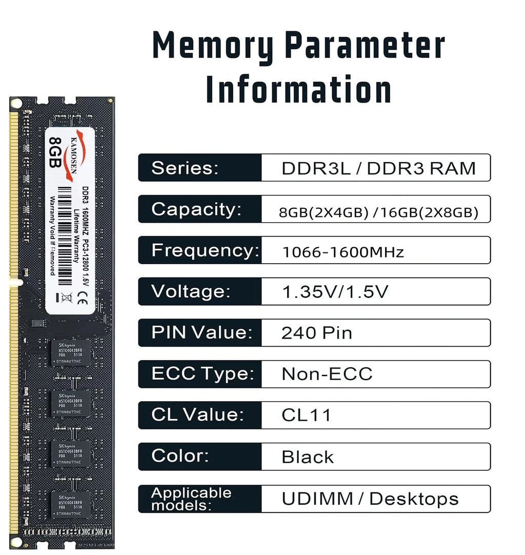 KAMOSEN DDR3 4GB 8GB 16GB desktop Ram PC3 1333 1600 1066 1866MHZ 1.5V  dimm RAM desktop memory
