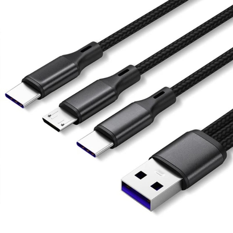 3 in 1 Multiple Charge Cord USB to Dual Type C Micro USB Connector Fast Charging Cable for Cell Phones Tablets and More
