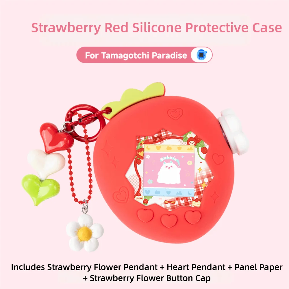 Silicone Protective Knob Cover with Panel Paper Pendant Protective Shell Red Pink Strawberry for Tamagotchi for Paradise Uni