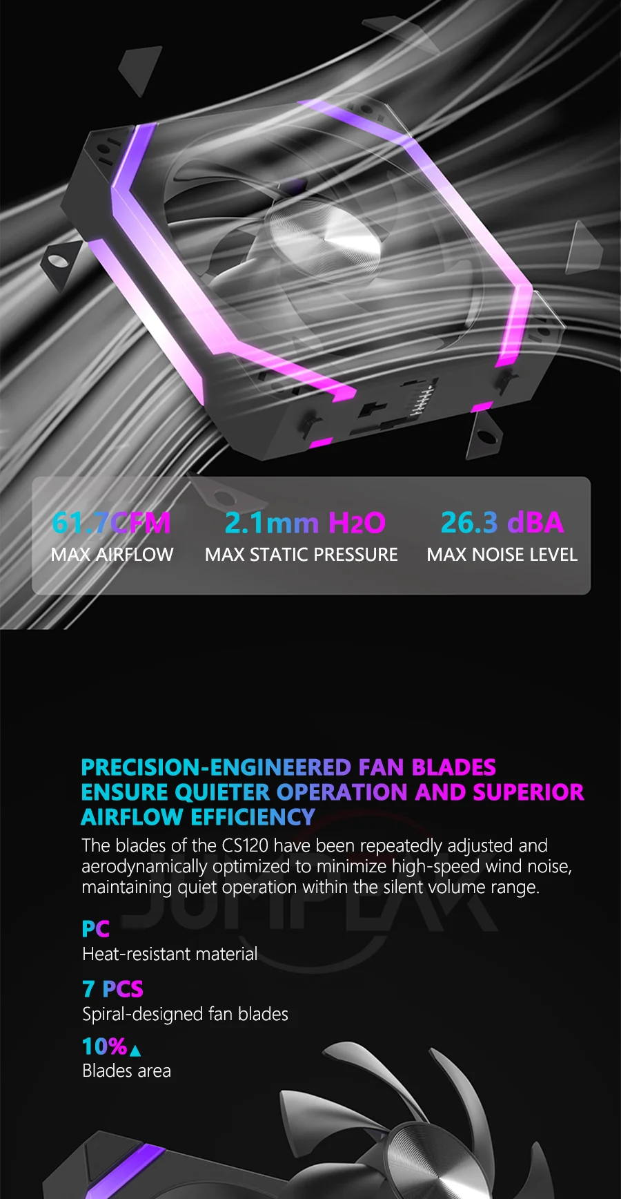 JUMPEAK CS120 ARGB Cooling Fan 360mm 240mm Modular Stackable Splicing PWM Silent 120mm RGB Fans For Gaming PC Case Water Cooler