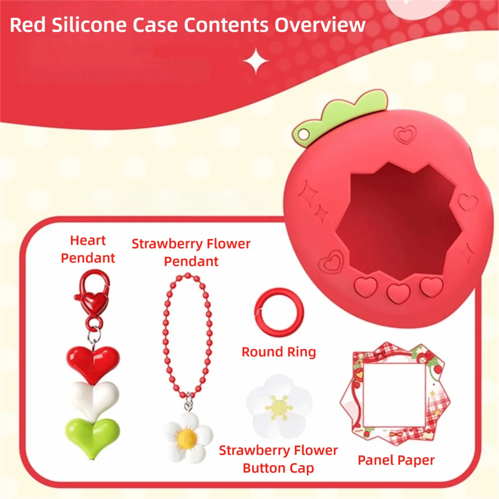 Silicone Protective Knob Cover with Panel Paper Pendant Protective Shell Red Pink Strawberry for Tamagotchi for Paradise Uni