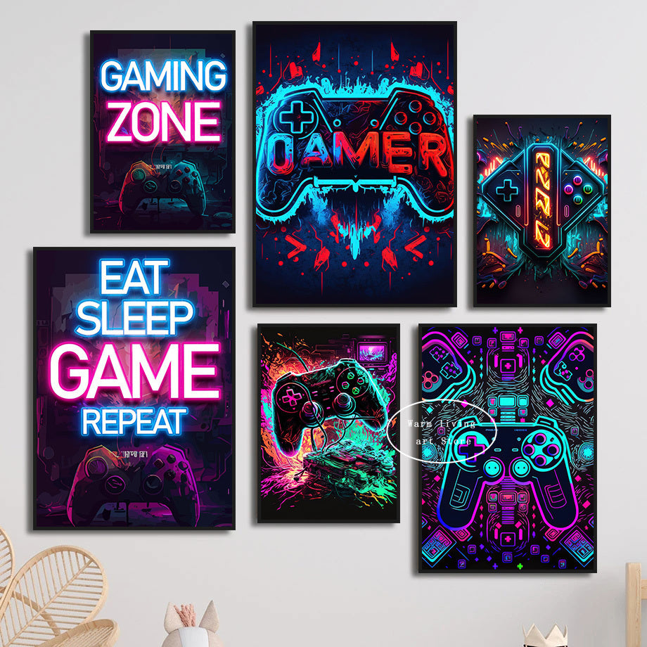 80s Retro Neon Game Quotes Poster Boy Gaming Controller Gamer Zone Room Eat Sleep Game Repeat Canvas Painting Home Decor Gift