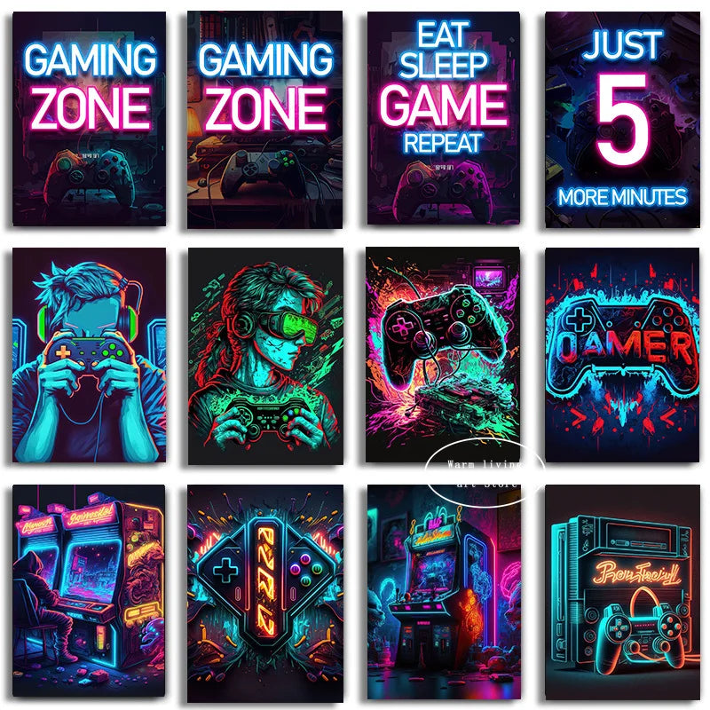 80s Retro Neon Game Quotes Poster Boy Gaming Controller Gamer Zone Room Eat Sleep Game Repeat Canvas Painting Home Decor Gift
