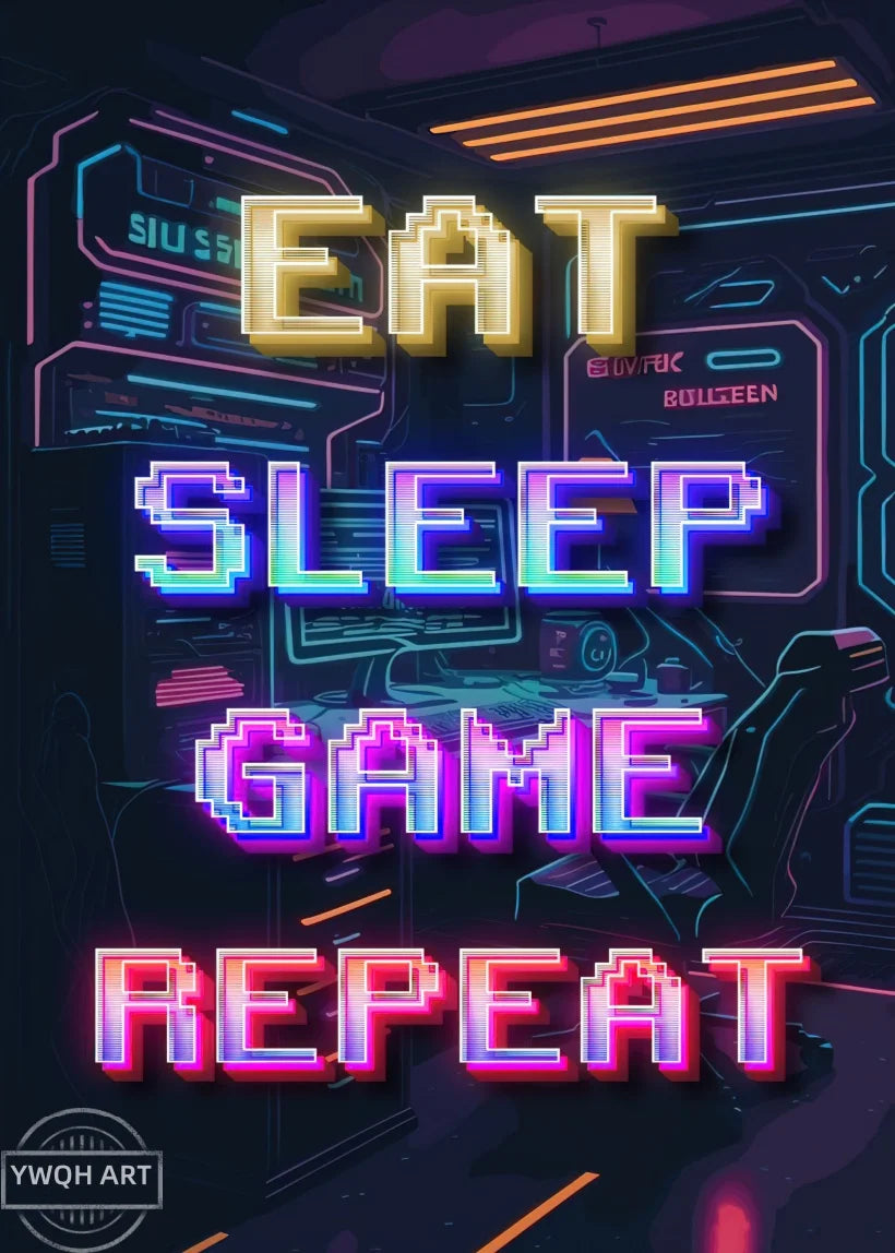 Neon Eat Sleep Game Repeat Word Poster Gamer Logic Canvas Painting Wall Art Home Decor Gaming Zone Picture Boys Gamer Room Gift