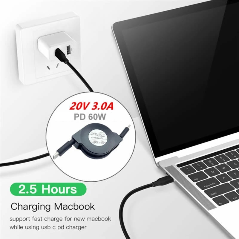 Retractable PD 60W USB C to USB C Data Cable, Notebook Fast Charging Cord Compatible with Type C Phone Switch Tablets