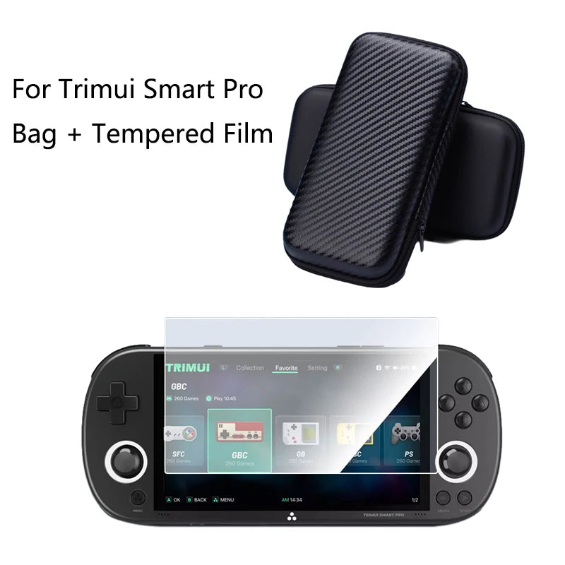 For Trimui Smart Pro Hard Carrying Case Bag+9H Tempered Glass Film Screen Protector for Trimui Smart Pro Handheld Game Console