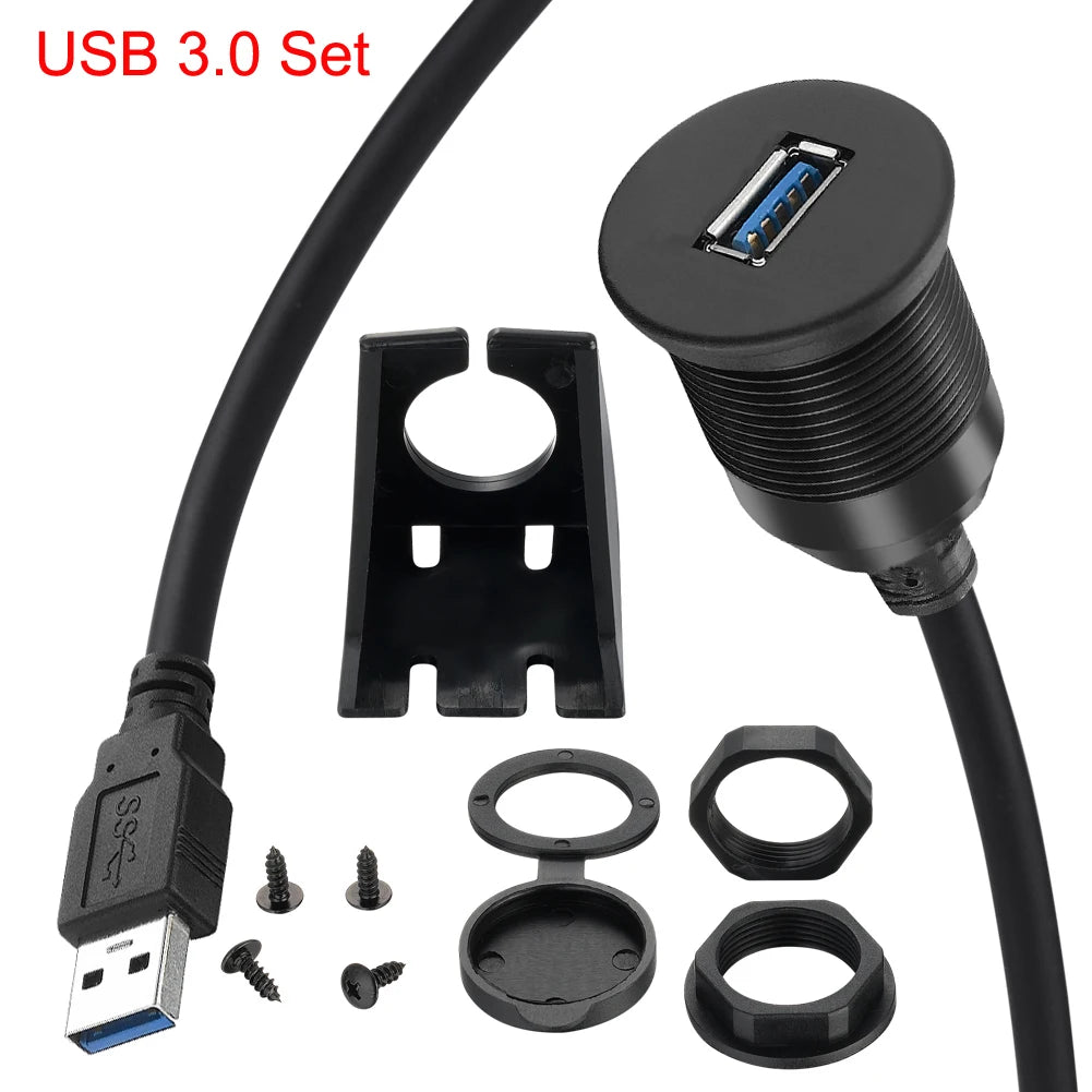 Bochara USB 3.0 USB 2.0 Male to Female Extension DashBoard Cable With Flush Mount Panel For Car Truck Boat Motorcycle 1m 2m
