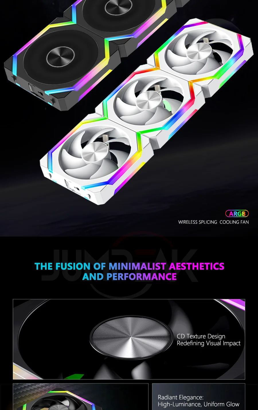 JUMPEAK CS120 ARGB Cooling Fan 360mm 240mm Modular Stackable Splicing PWM Silent 120mm RGB Fans For Gaming PC Case Water Cooler