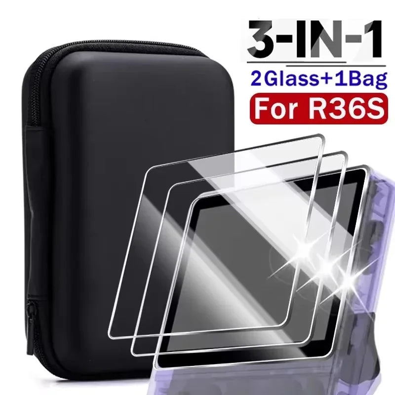 Case + Glass for R36S Game Console Travel Carrying Storage Bag & Screen Protectors Tempered Glass Films for R36 S Accessories