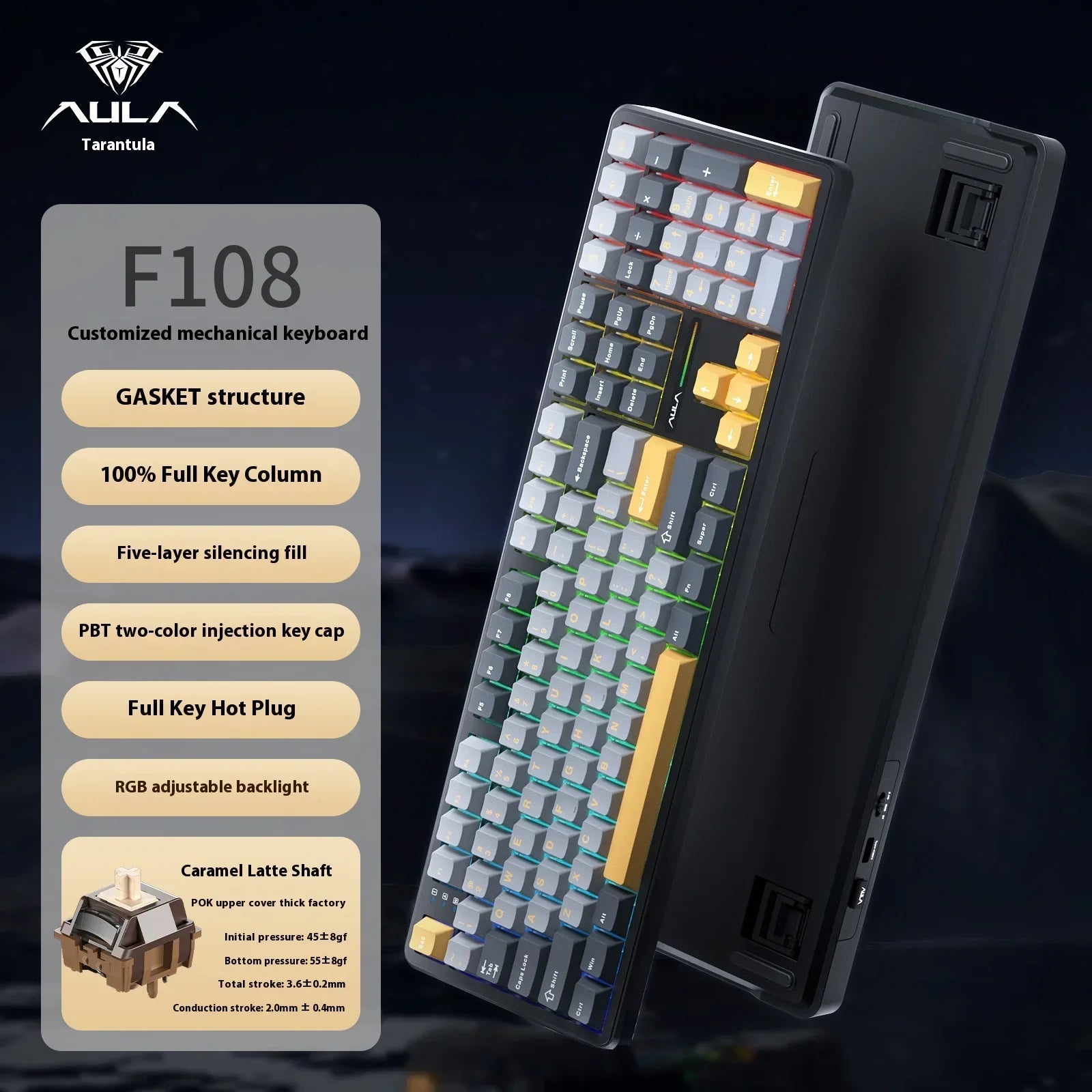 AULA F108/PRO Gaming Keyboard Mechanical RGB Hot Swappable Wireless 2.4G Polling Rate 100% Layout Hifi Switch Custom Accessories