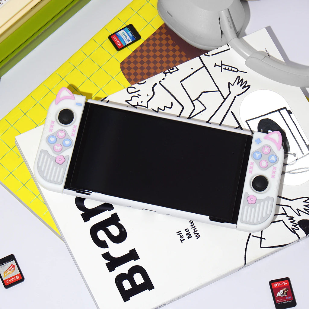 Micro-Frosted Hard Protective Case for Nintendo Switch / OLED / Switch 2 - Silicone Grip Protective Cover,Cat Ear Joycon Cover