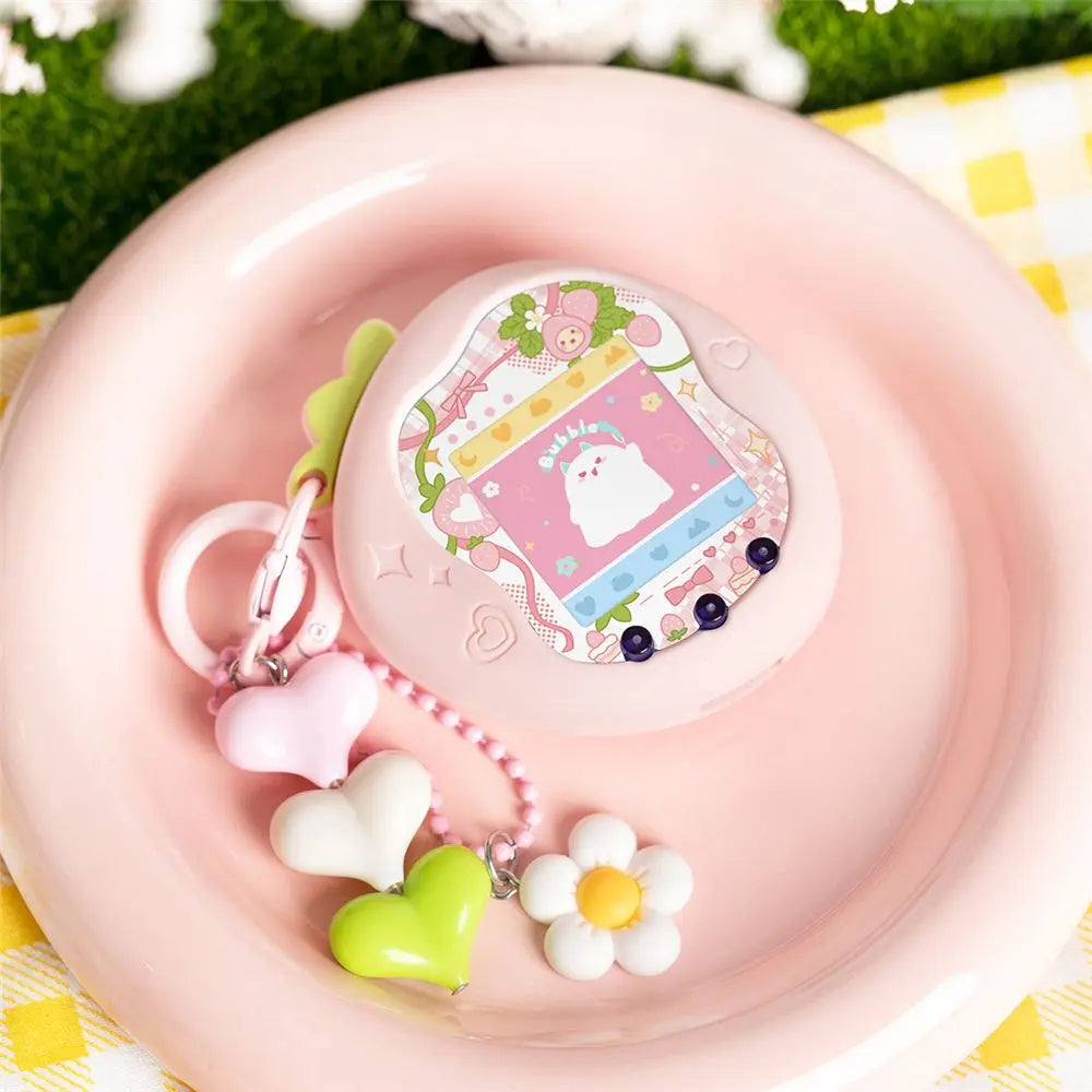 Silicone Protective Knob Cover with Panel Paper Pendant Protective Shell Red Pink Strawberry for Tamagotchi for Paradise Uni