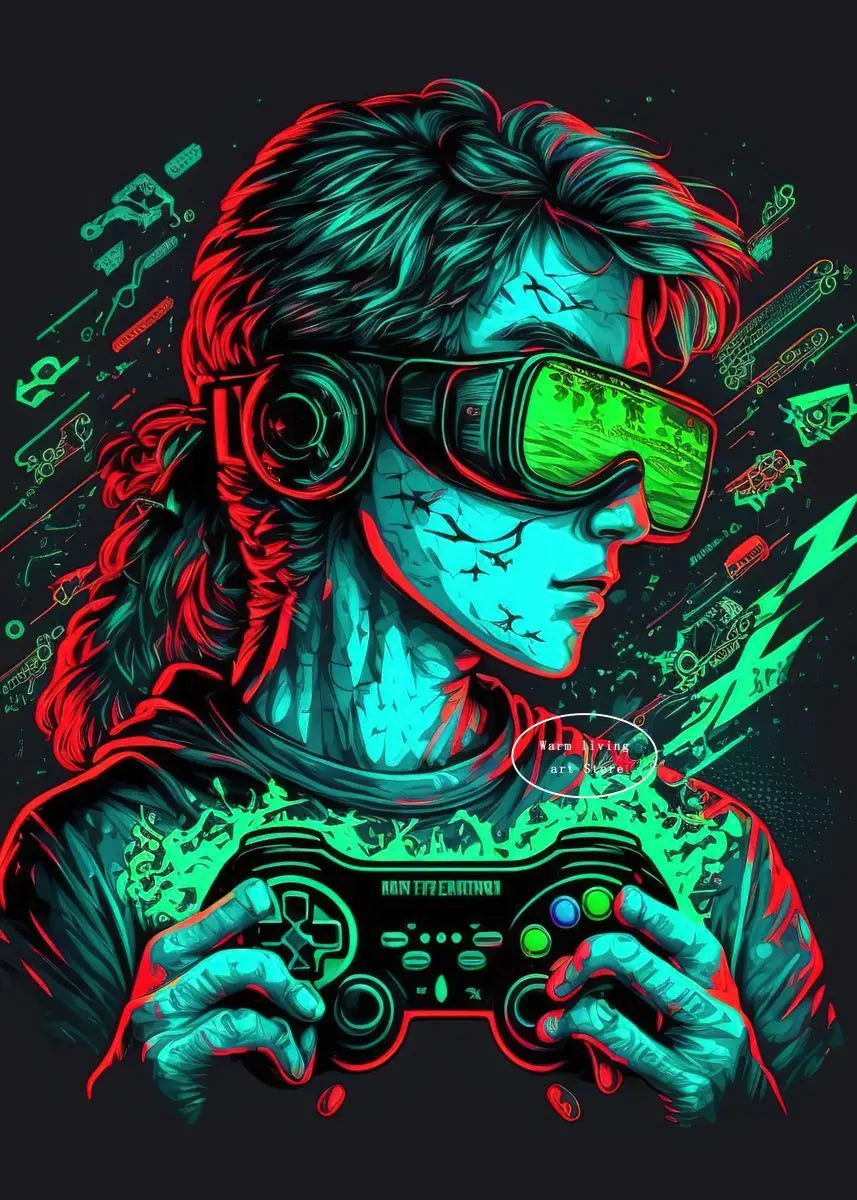 80s Retro Neon Game Quotes Poster Boy Gaming Controller Gamer Zone Room Eat Sleep Game Repeat Canvas Painting Home Decor Gift