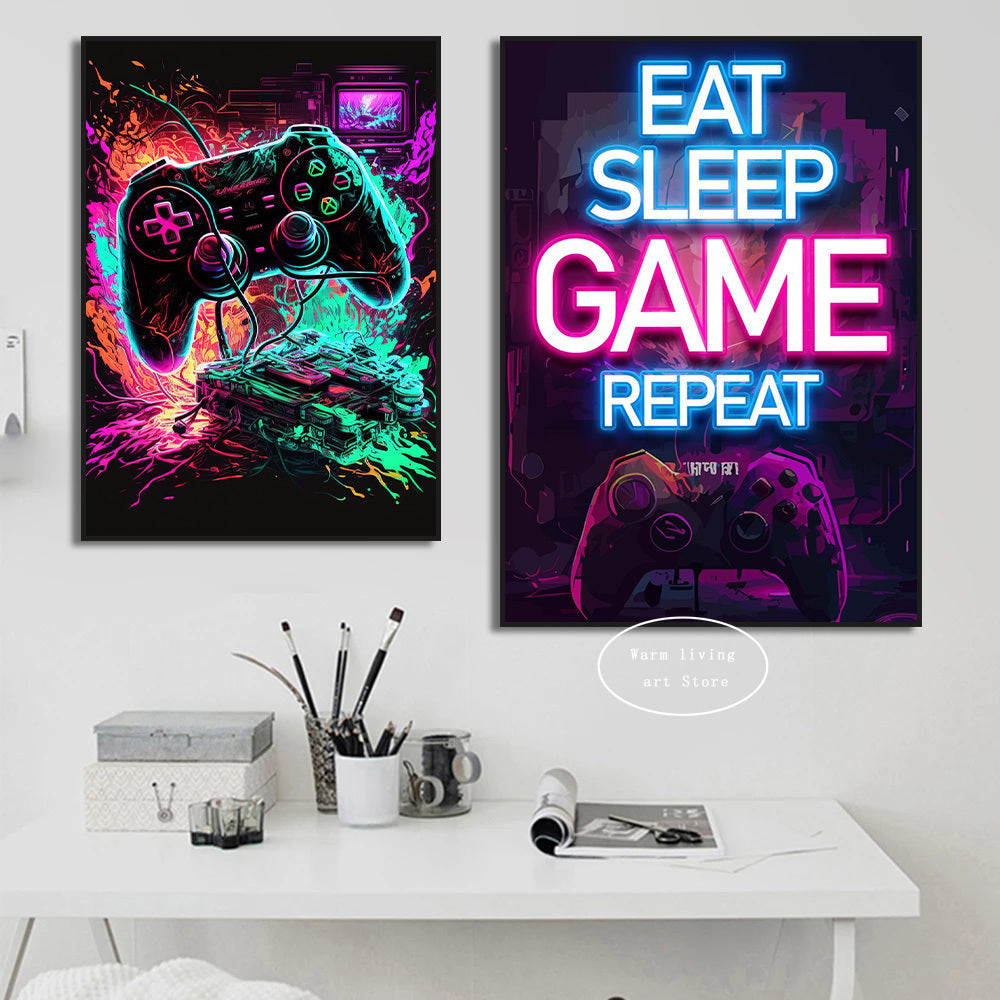 80s Retro Neon Game Quotes Poster Boy Gaming Controller Gamer Zone Room Eat Sleep Game Repeat Canvas Painting Home Decor Gift