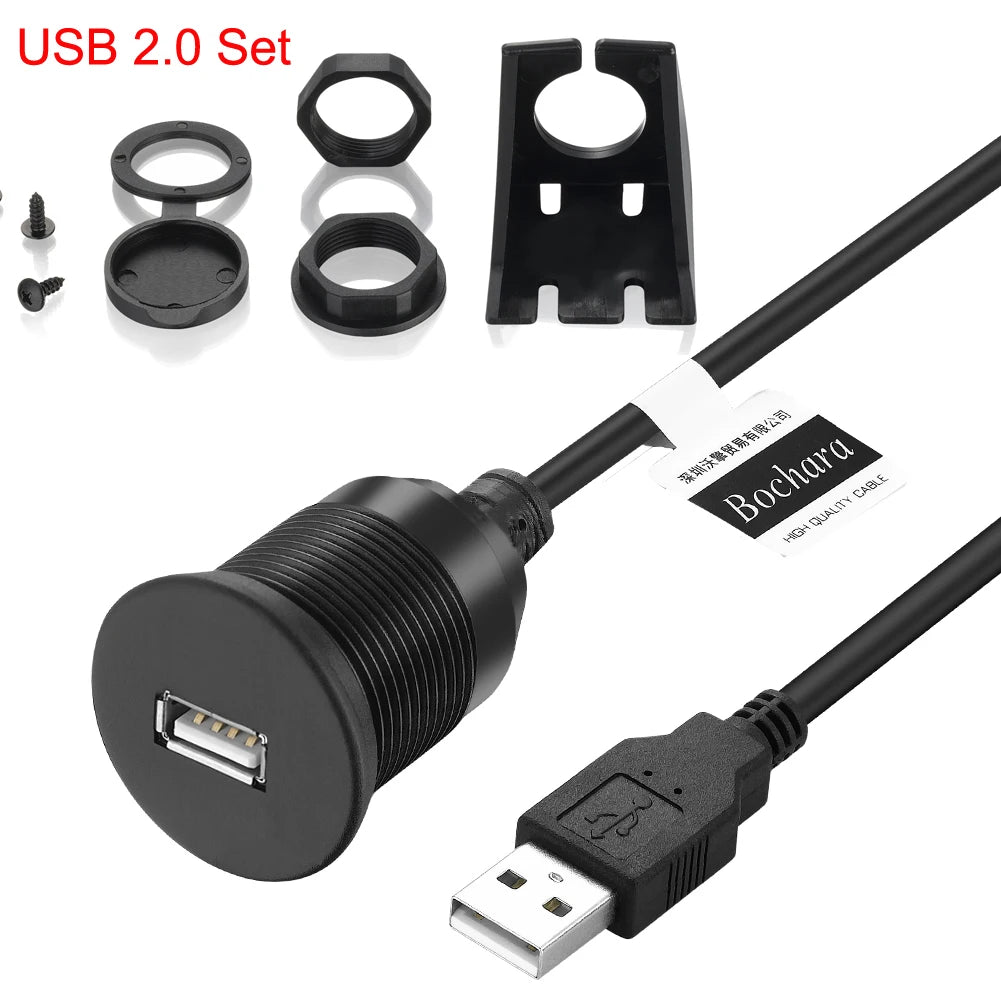 Bochara USB 3.0 USB 2.0 Male to Female Extension DashBoard Cable With Flush Mount Panel For Car Truck Boat Motorcycle 1m 2m