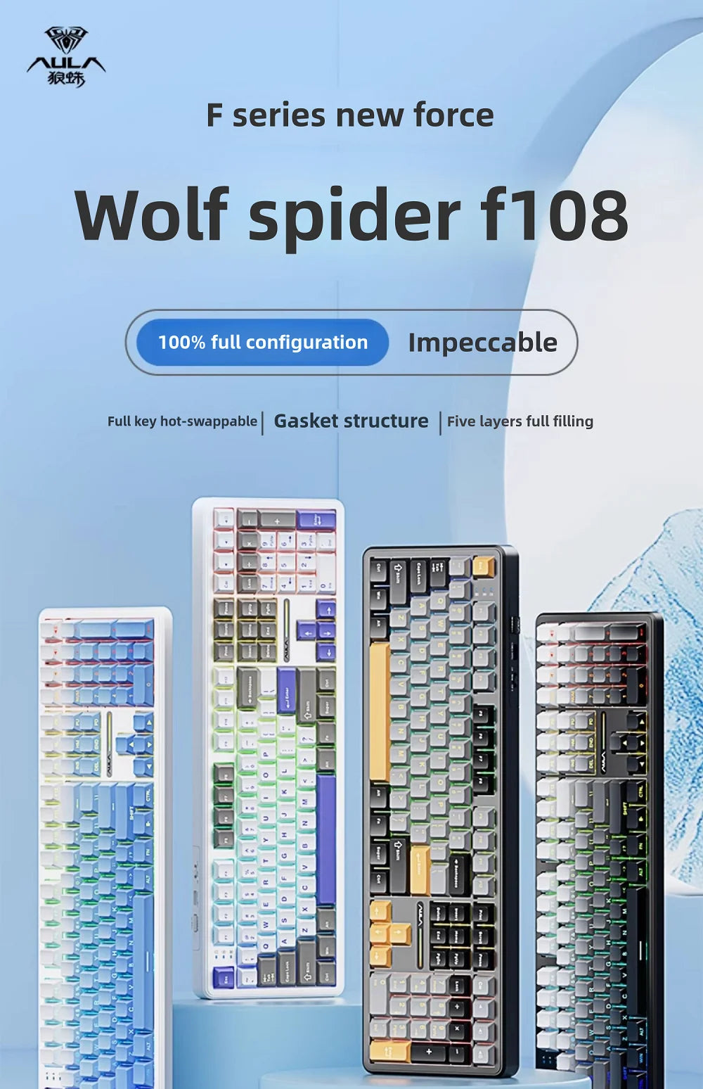 AULA F108/PRO Gaming Keyboard Mechanical RGB Hot Swappable Wireless 2.4G Polling Rate 100% Layout Hifi Switch Custom Accessories