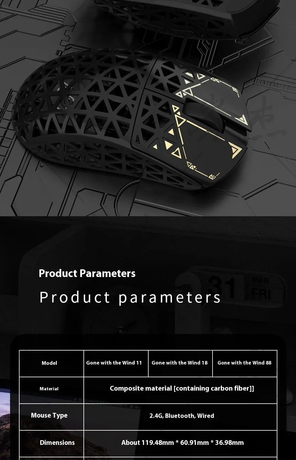 IPI Float Wireless Carbon Fibre Mouse Tri Mode 8K Paw3395 Bluetooth Gaming Mouse 8000Hz Hollow Out Mice Customize For E-sports