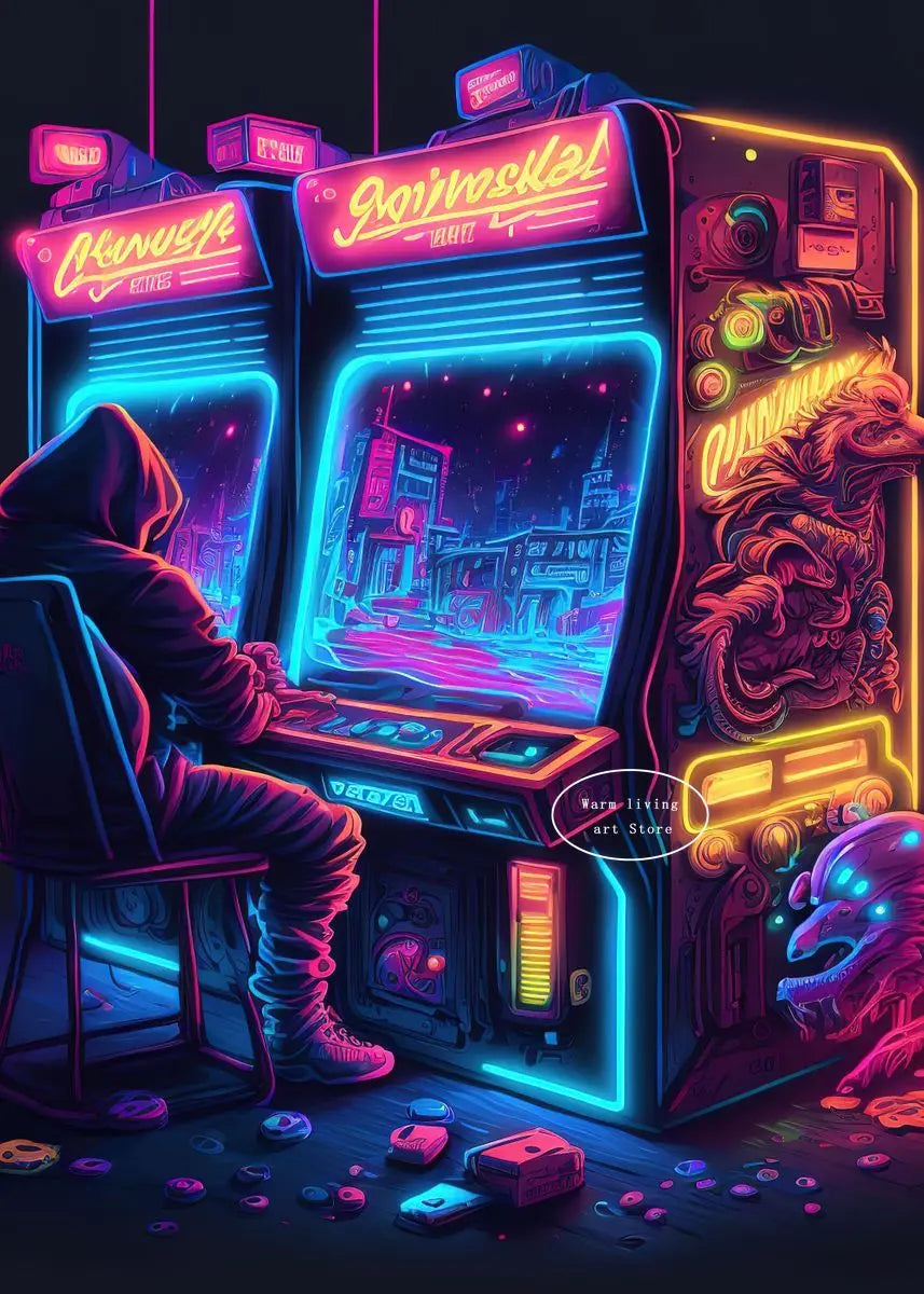 80s Retro Neon Game Quotes Poster Boy Gaming Controller Gamer Zone Room Eat Sleep Game Repeat Canvas Painting Home Decor Gift