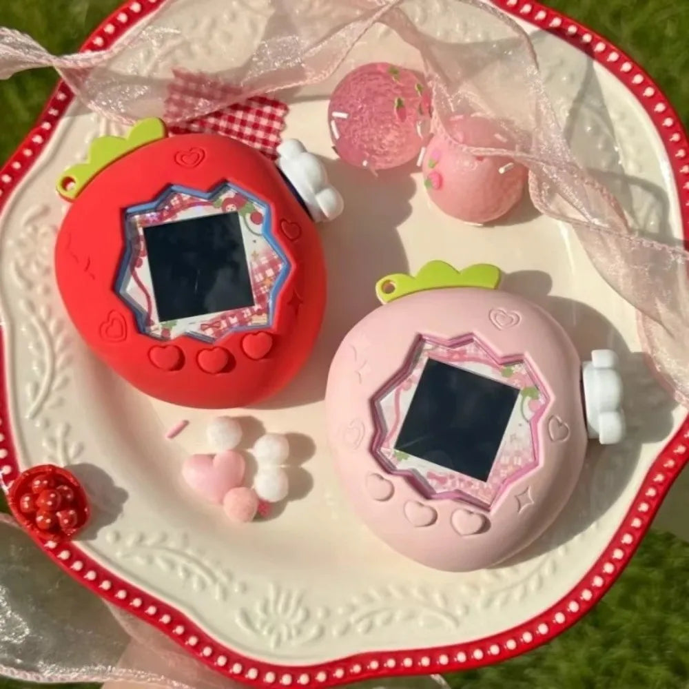 Silicone Protective Knob Cover with Panel Paper Pendant Protective Shell Red Pink Strawberry for Tamagotchi for Paradise Uni