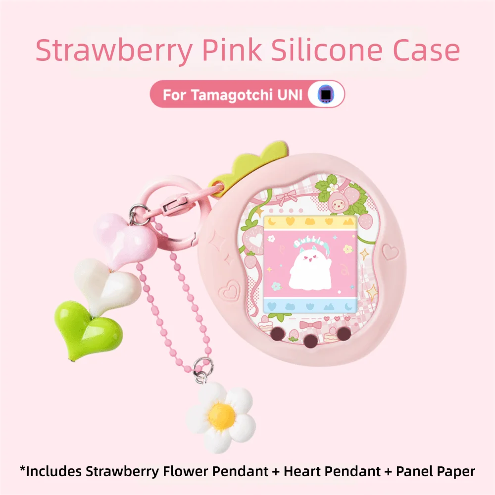 Silicone Protective Knob Cover with Panel Paper Pendant Protective Shell Red Pink Strawberry for Tamagotchi for Paradise Uni