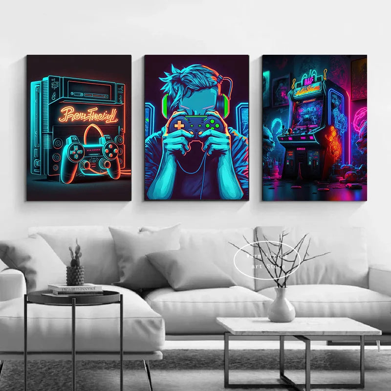 80s Retro Neon Game Quotes Poster Boy Gaming Controller Gamer Zone Room Eat Sleep Game Repeat Canvas Painting Home Decor Gift