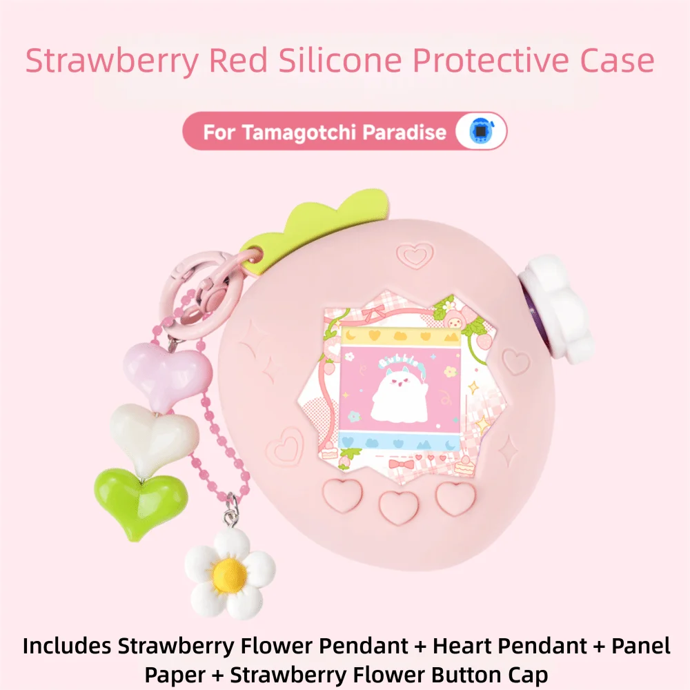 Silicone Protective Knob Cover with Panel Paper Pendant Protective Shell Red Pink Strawberry for Tamagotchi for Paradise Uni